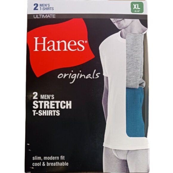 Hanes T-Shirts Mens 2-Pack Crew Stretch Ultimate Slim Teal Grey X-Large (46-48") - Picture 1 of 12